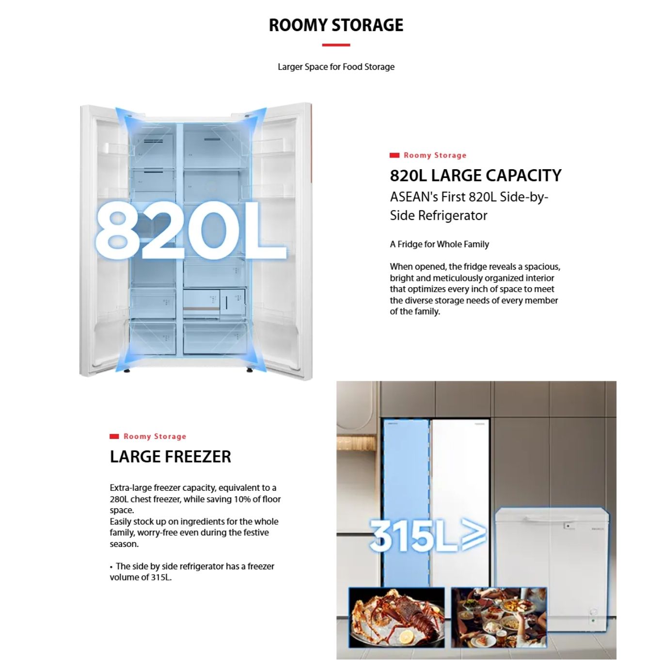 820L large-capacity fridge interior for family food storage