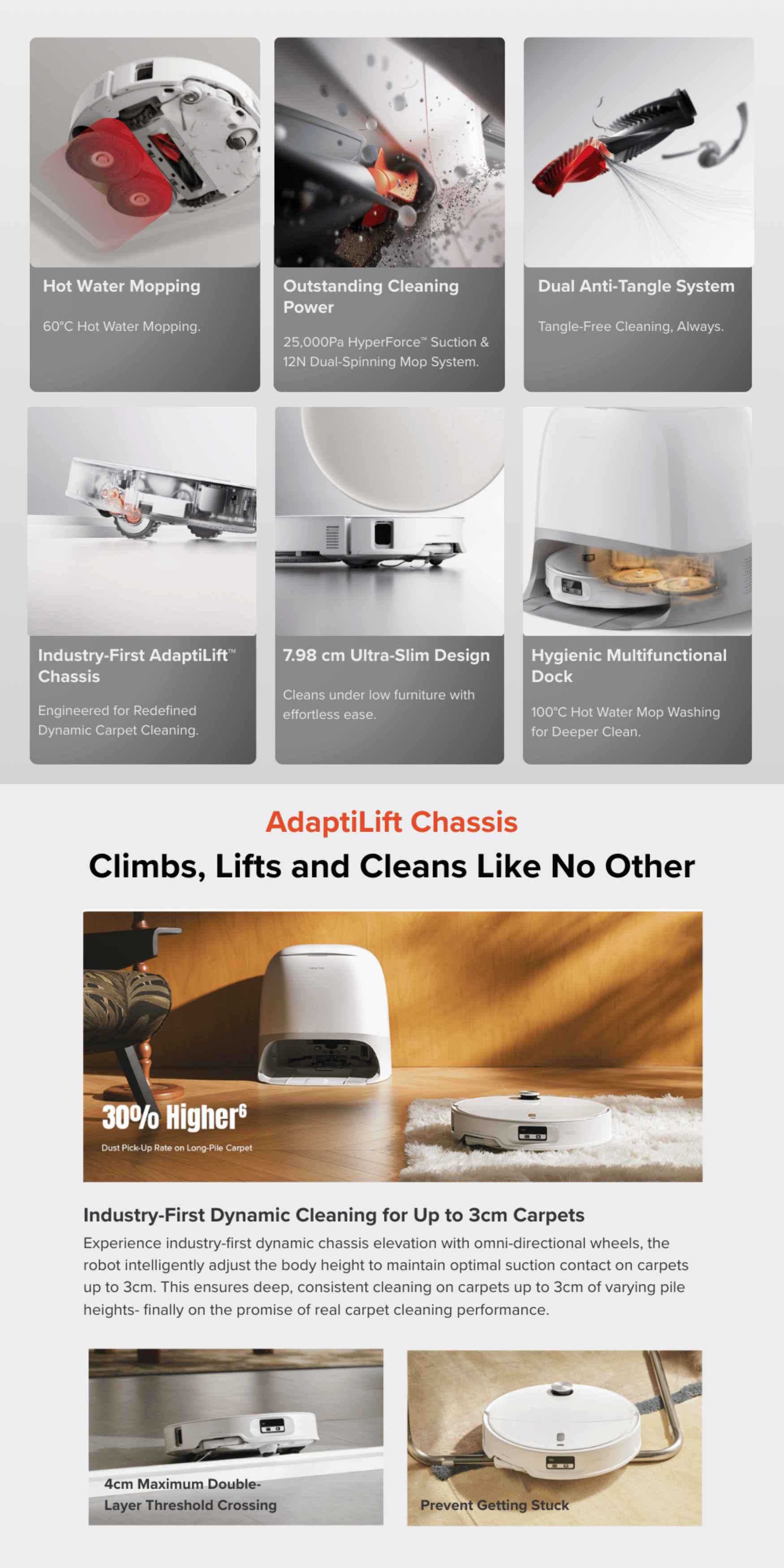 Roborock robot vacuum with AdaptiLift chassis and hot mopping