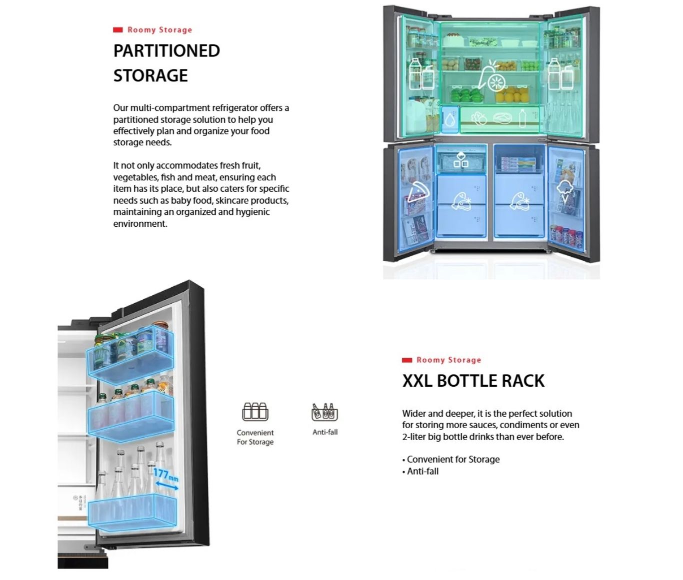 Partitioned refrigerator storage with organized compartments