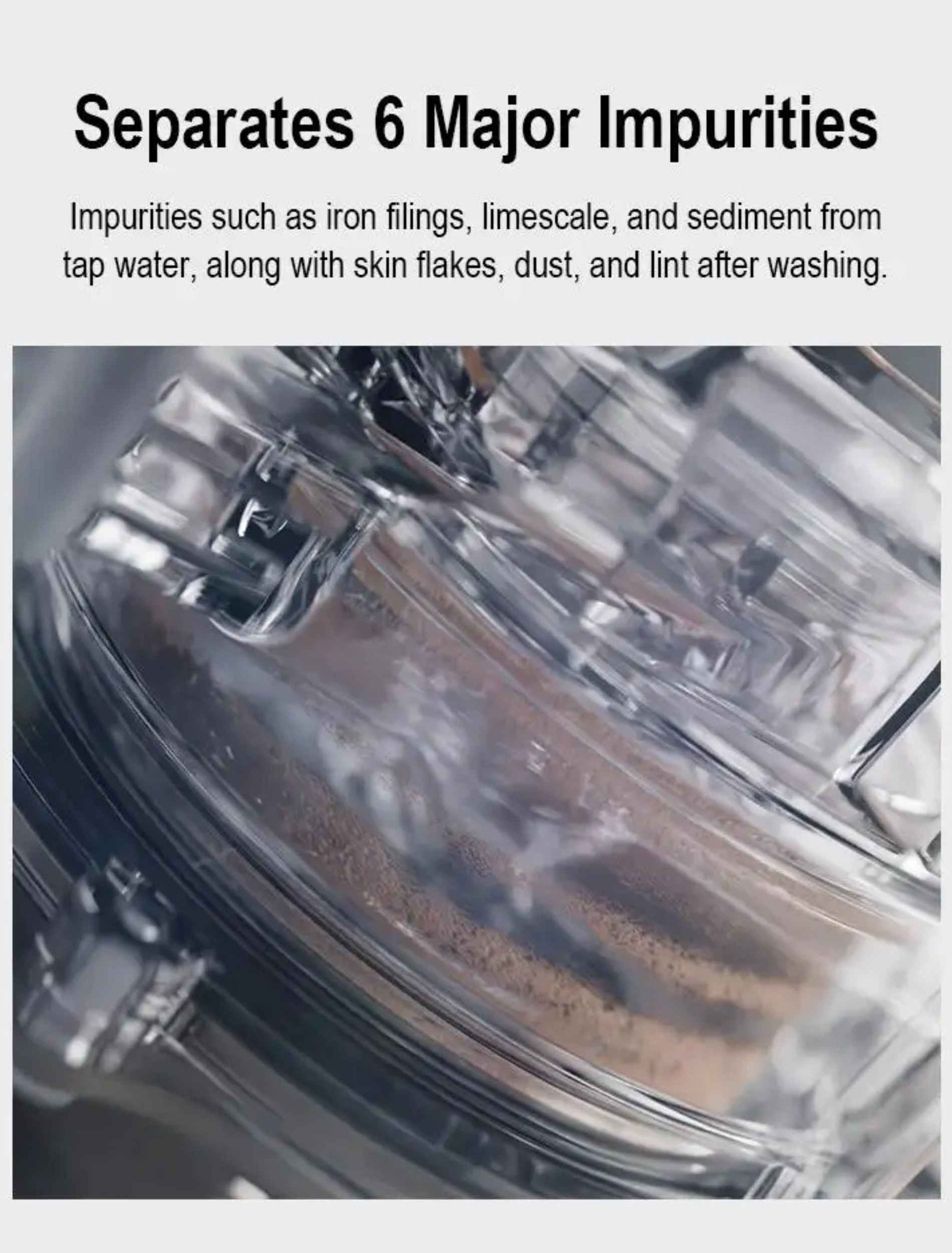 Close-up view of impurities being filtered inside Panasonic’s Cyclone Purification system.