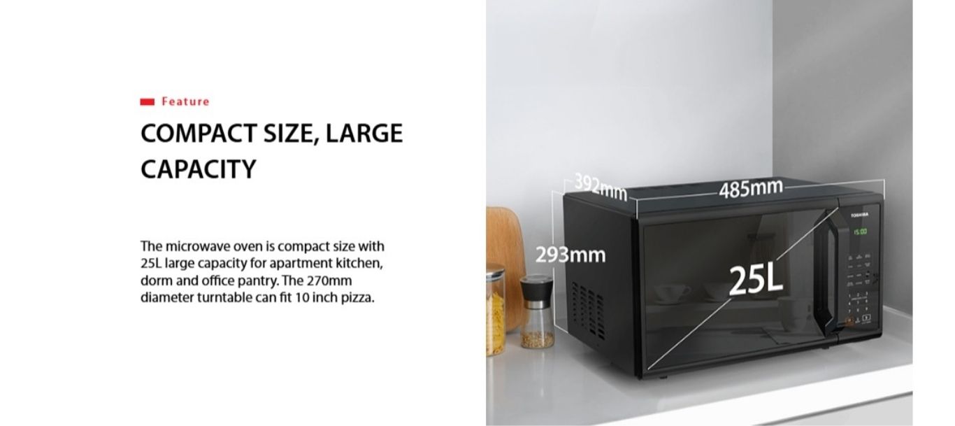 Compact 25L microwave with large capacity and slim design