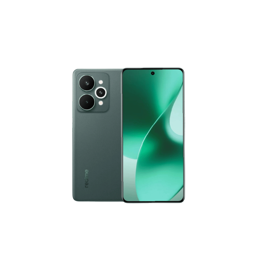 realme 15 5G green color angled front and back view