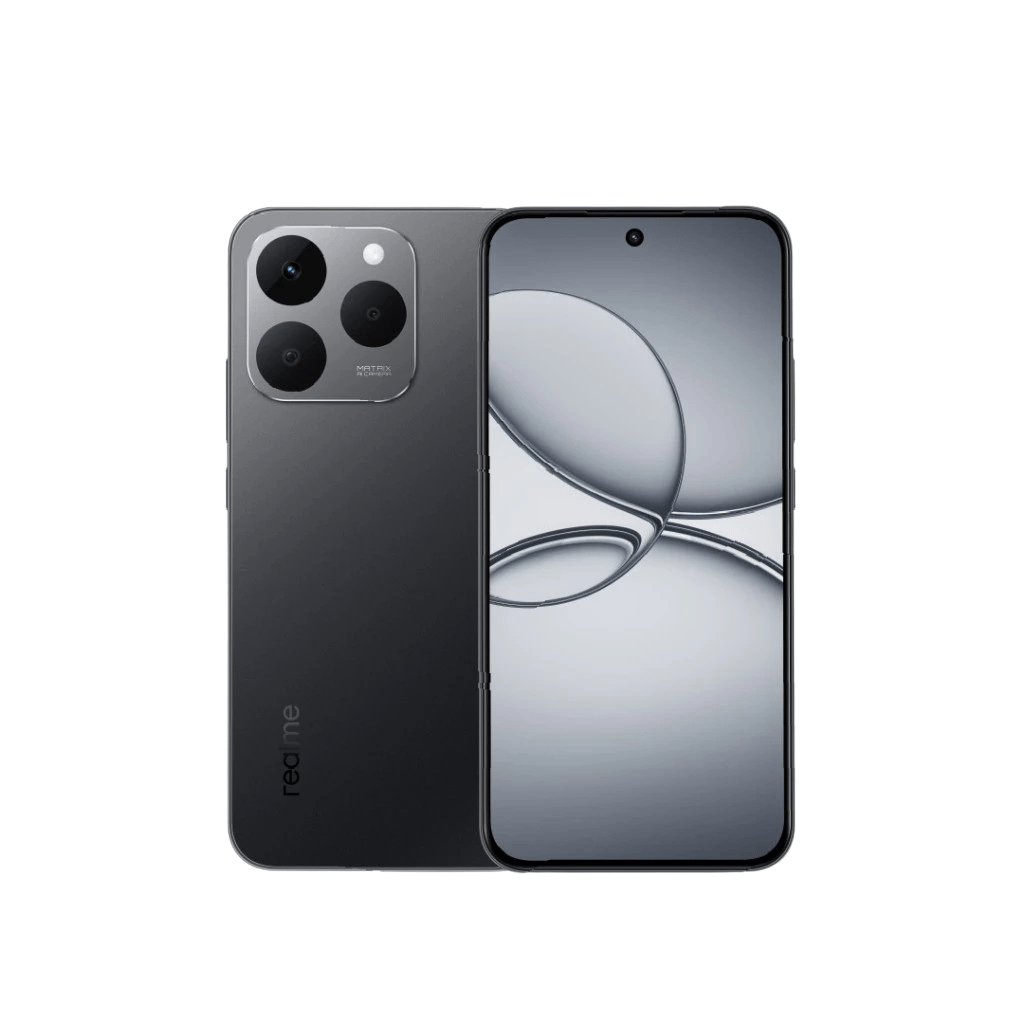 Realme smartphone front and back view in black color