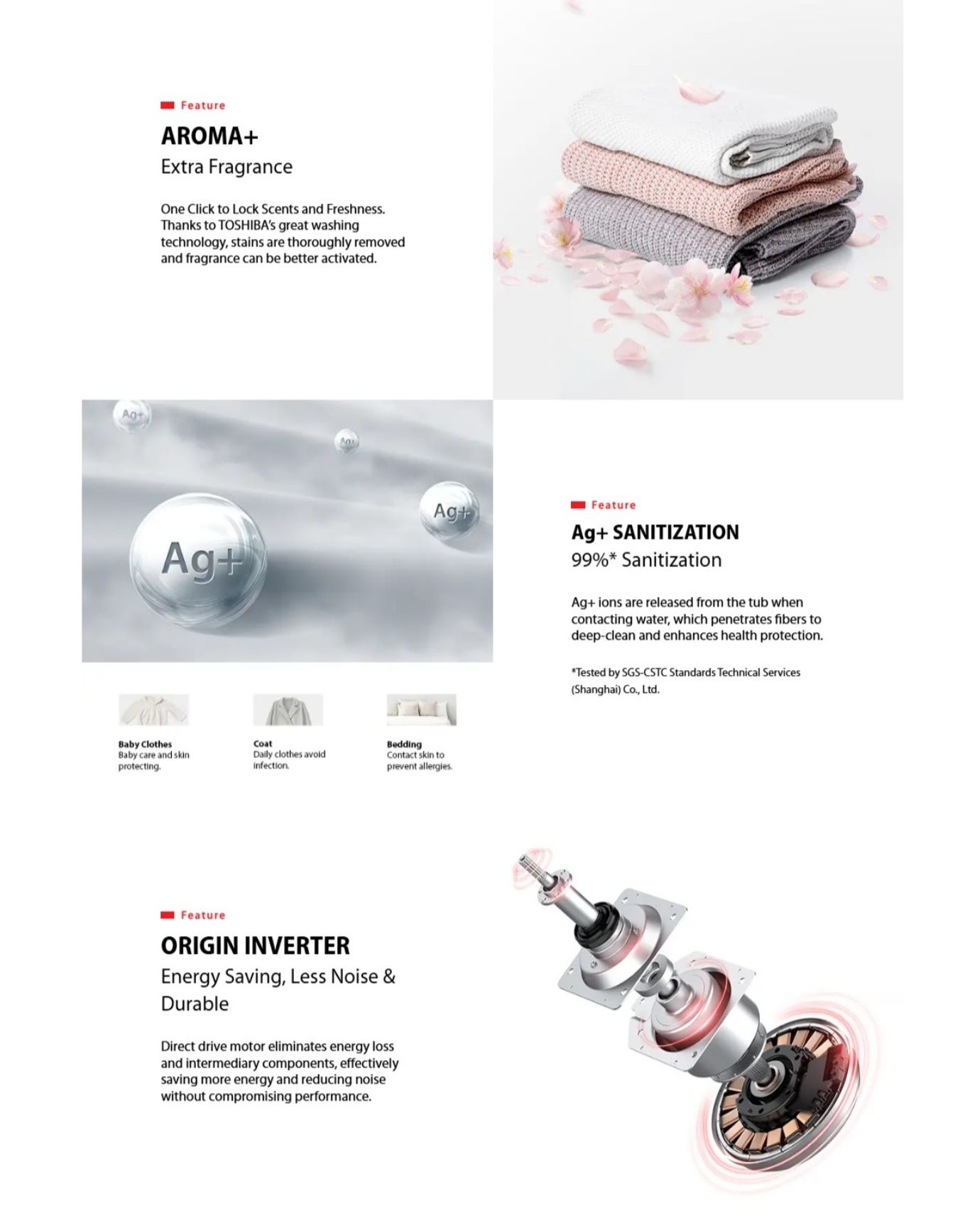 Aroma+, Ag+ sanitization, and inverter motor technology