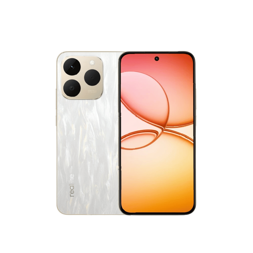 Realme smartphone front and back view in pearl white color