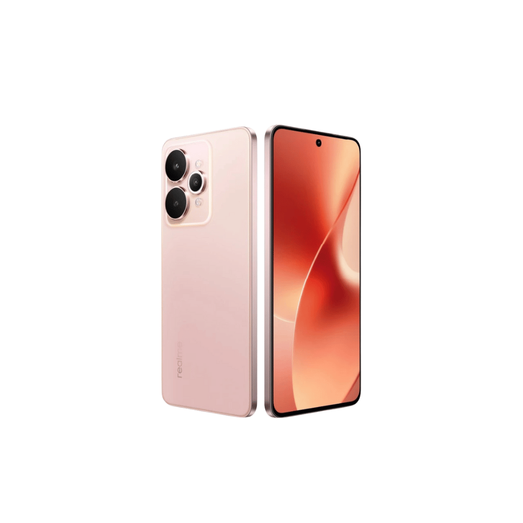 realme 15 5G Silk Pink angled front and rear design