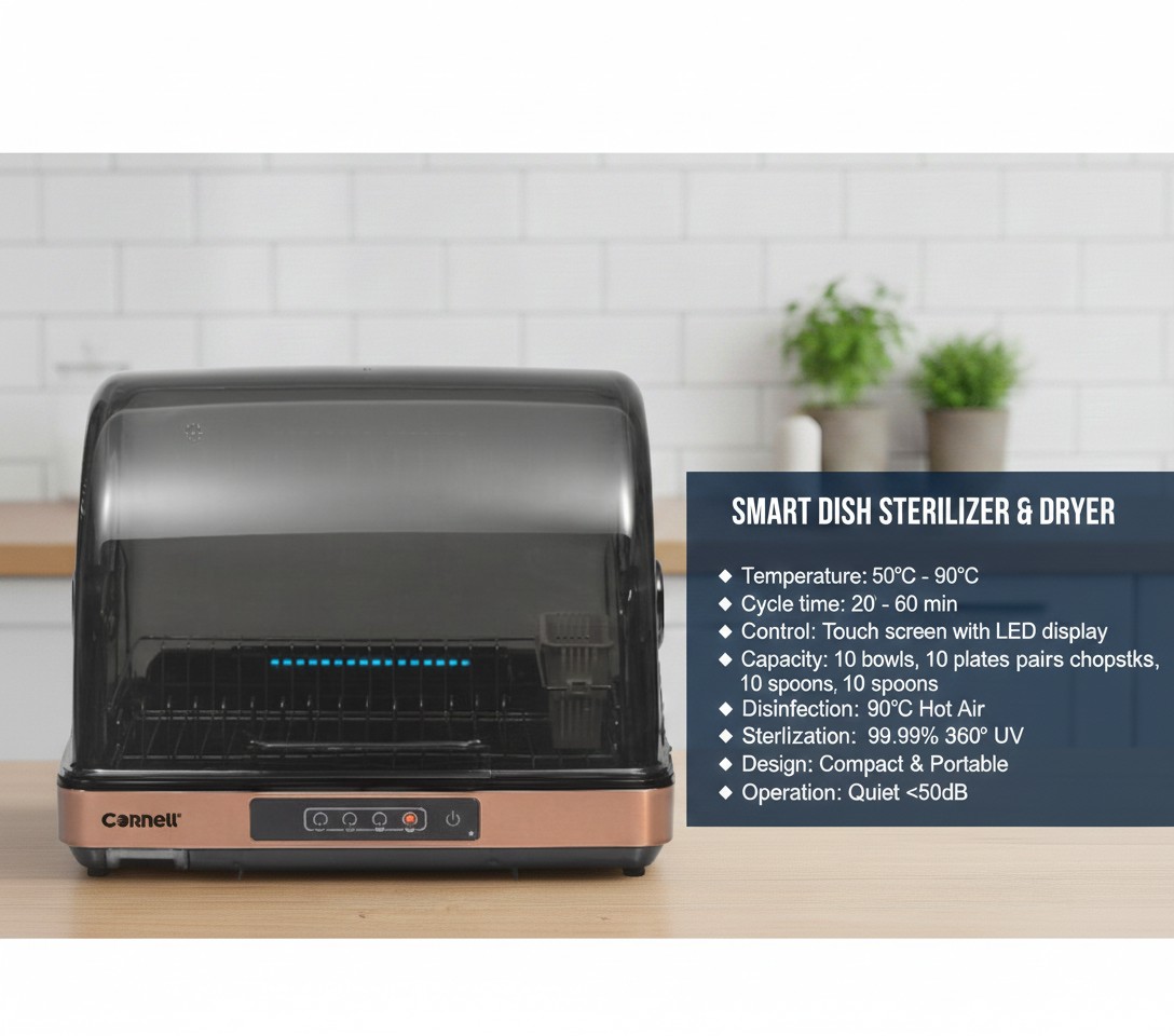 Temperature: 50°C - 90°C Cycle time: 20 - 60 minutes Control: Touch screen with LED display Capacity: 10 bowls, 10 plates, 10 pairs of chopsticks, 10 spoons Disinfection: 90°C Sterilisation: 99.99% effectiveness 360° UV sterilization Compact and portable Quiet