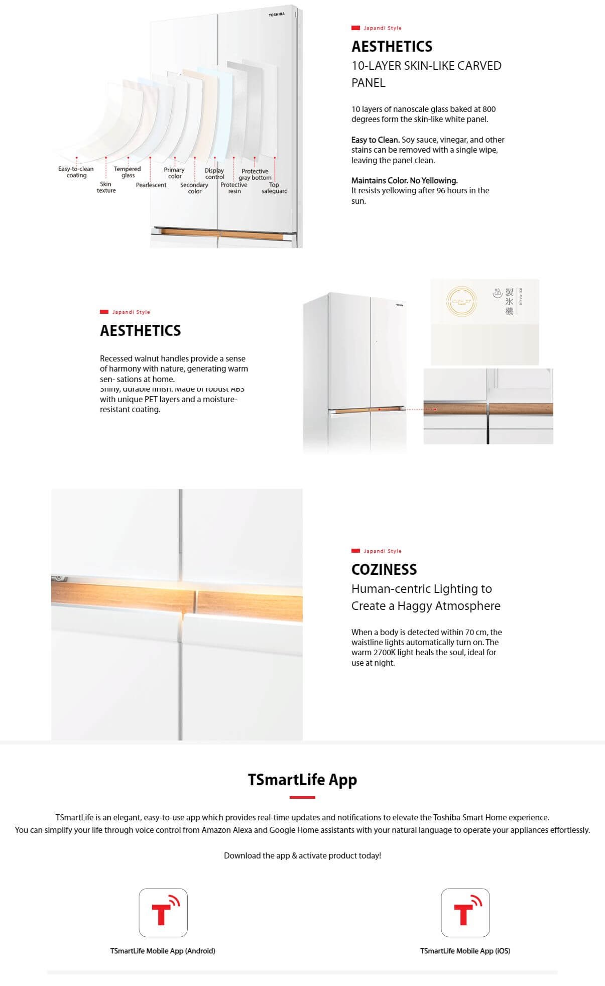 Japandi-style Toshiba fridge with skin-like white panel