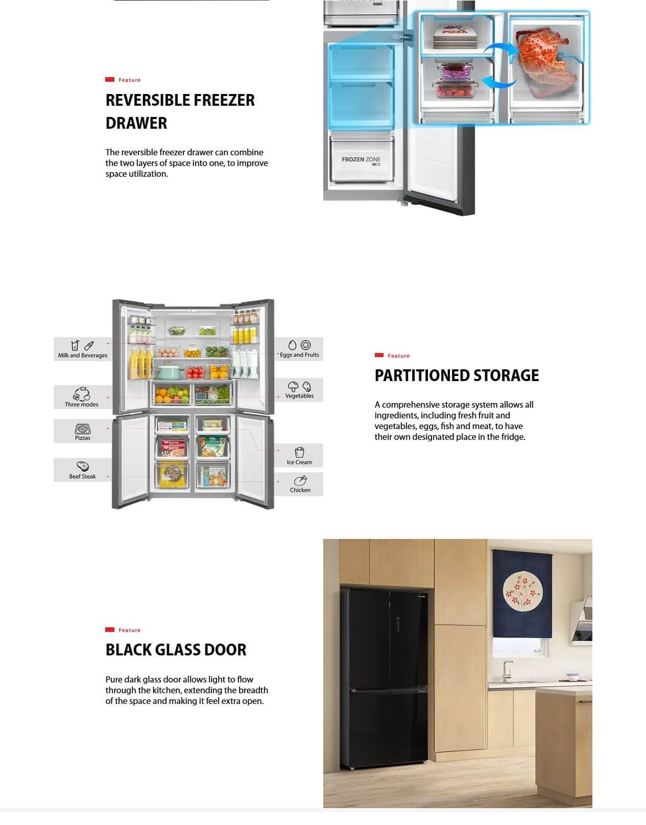 Reversible freezer drawer with flexible storage layout