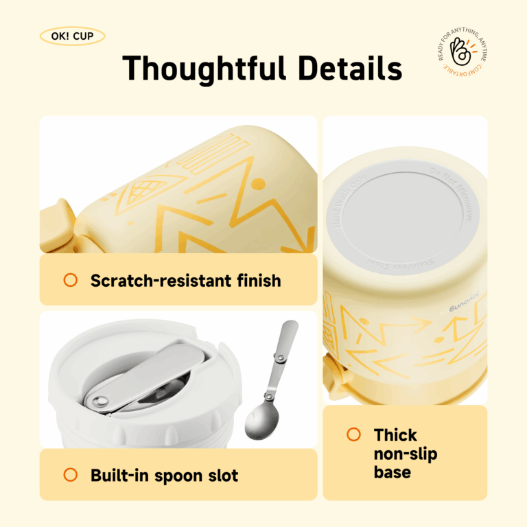 Food jar features: scratch-resistant, spoon slot, non-slip base