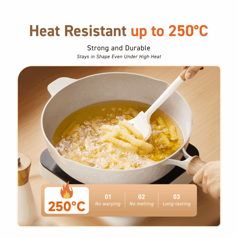 ilicone spatula stirring hot oil, heat resistant up to 250°C