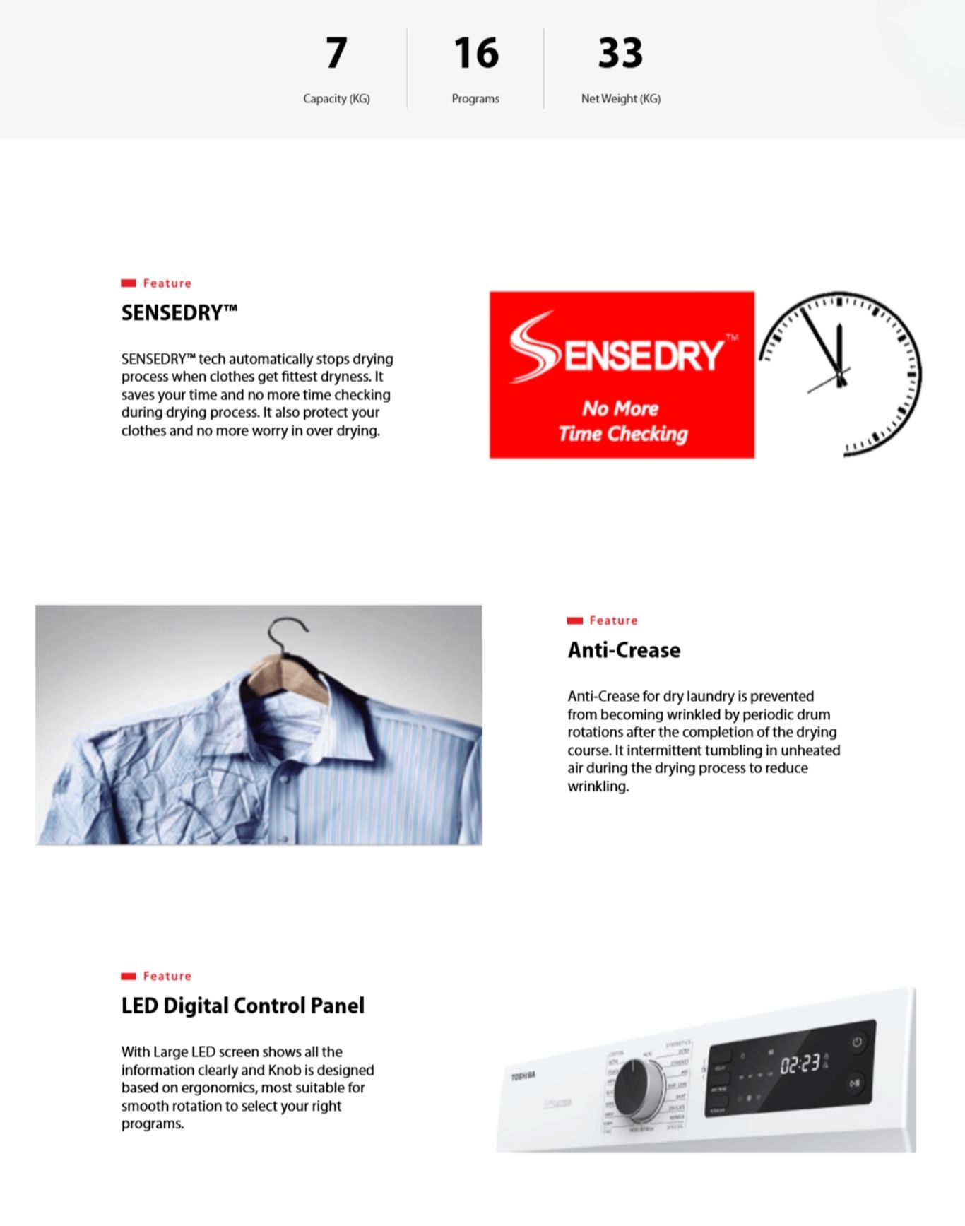 Dryer features highlighting Sensedry technology, anti-crease function, and LED digital control panel.