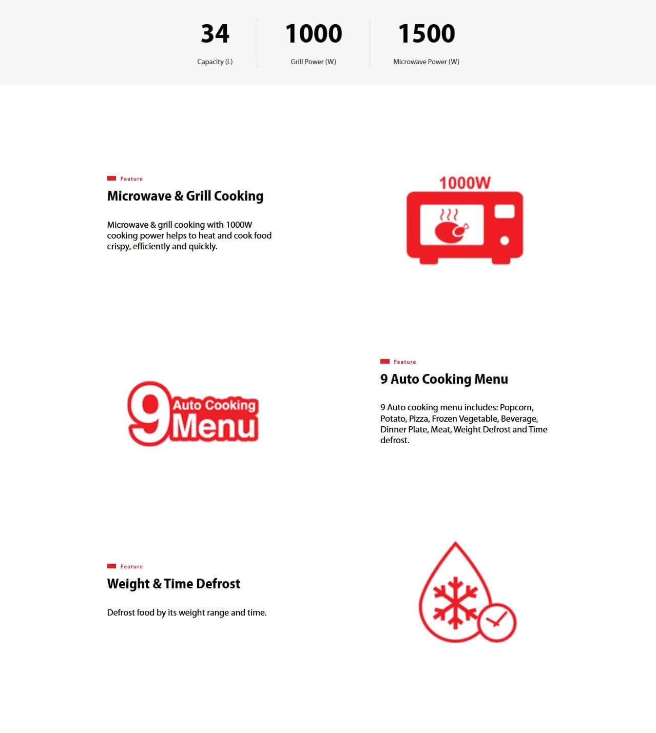 34L microwave with grill, 1000W power and auto cooking menus