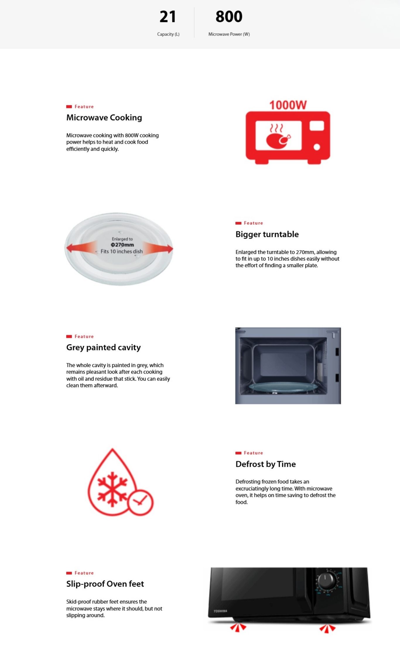 21L Toshiba microwave with 800W power capacity overview