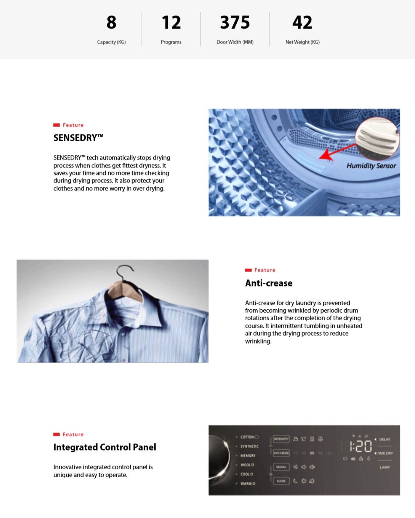 Dryer features showing humidity sensor, anti-crease function, and integrated control panel.