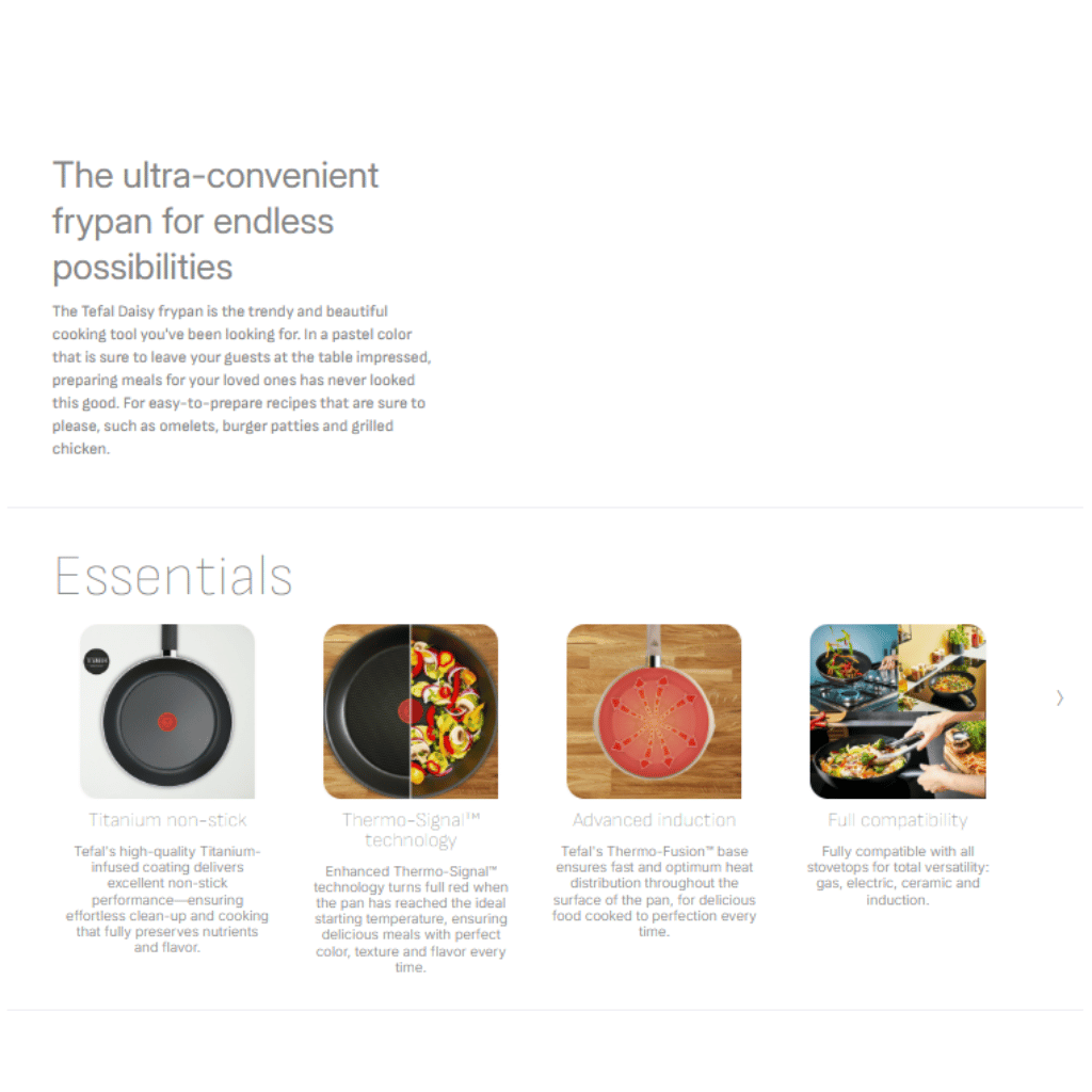A Tefal Daisy frypan product overview highlighting non-stick coating, heat indicator, even induction heating, and full stovetop compatibility.