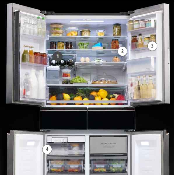 Open multi-door refrigerator fully stocked with food, showing organized shelves and compartments.Open multi-door refrigerator fully stocked with food, showing organized shelves and compartments.Open multi-door refrigerator fully stocked with food, showing organized shelves and compartments.