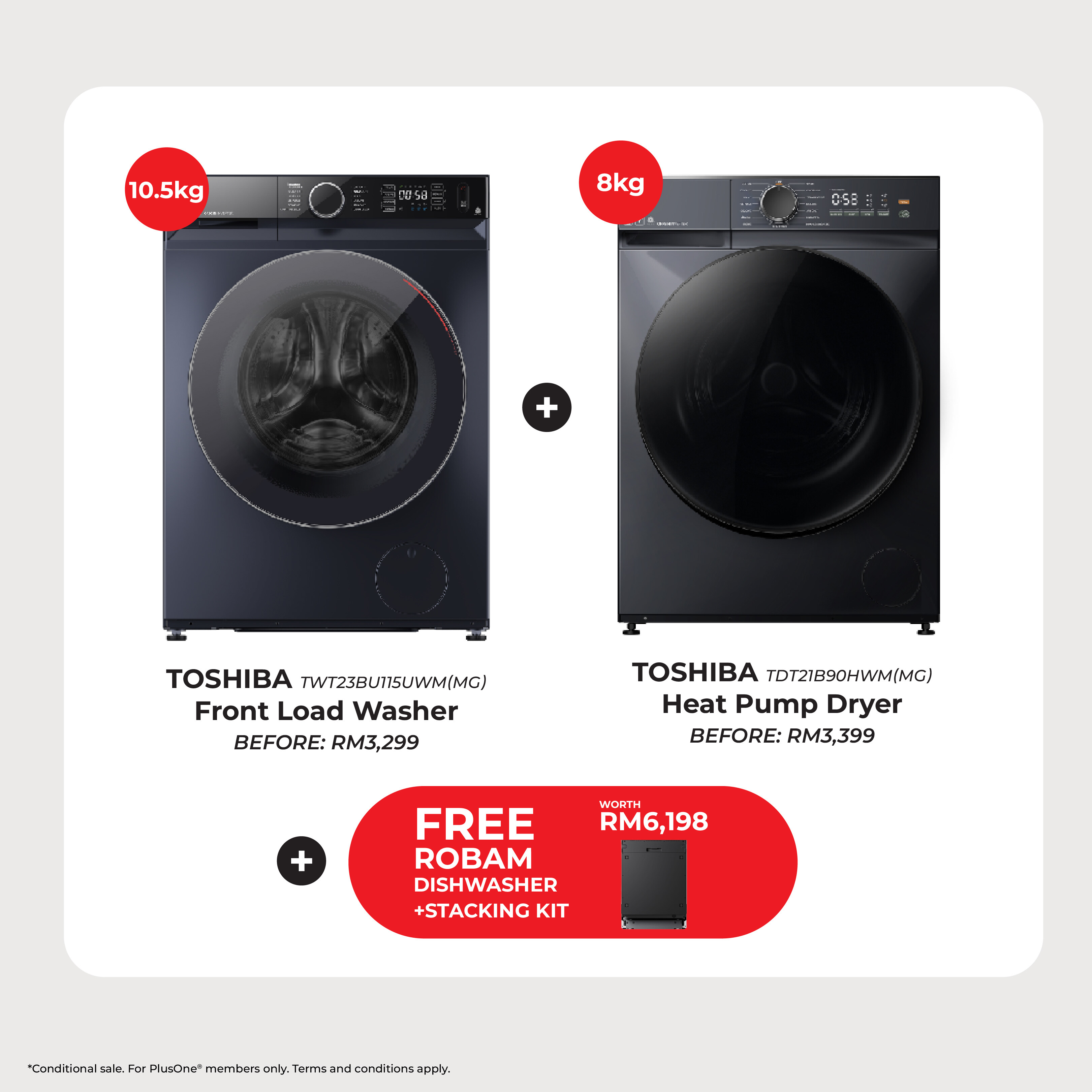 c568b70f-f202-47ad-b3ba-35e88435976f (Bundle Promo) Toshiba 10.5kg Washer TSB-TWT23BU115UWM(MG) and 8kg Dryer TSB-TDT21B90HWM(MG) with Free Robam Dishwasher ROB-W653 - Image 1