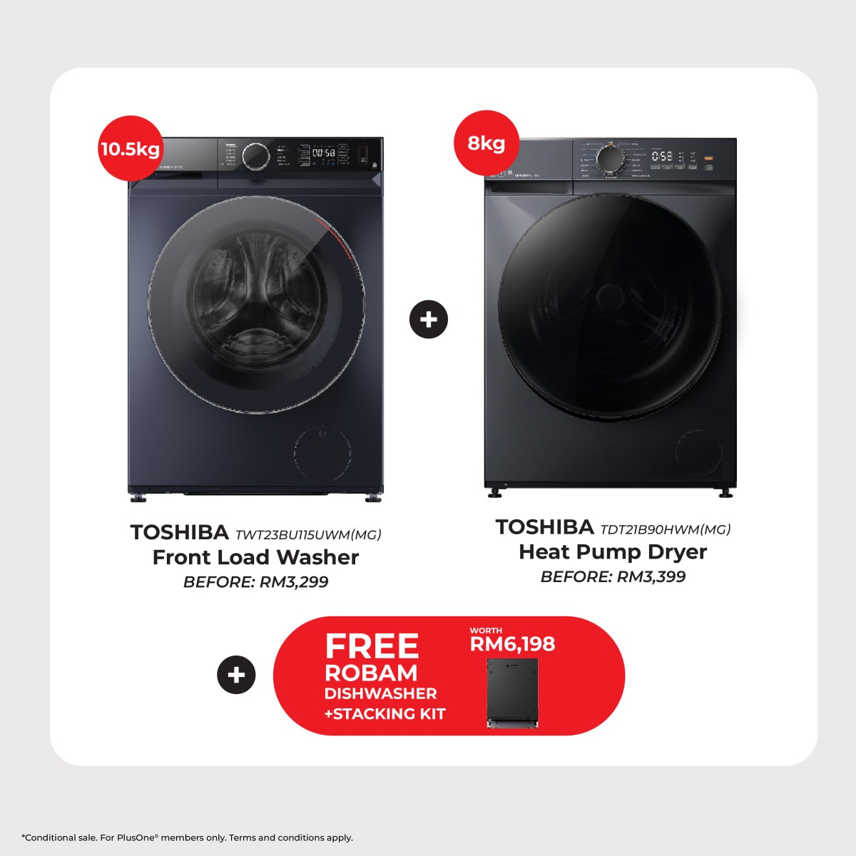 (Bundle Promo) Toshiba 10.5kg Washer TSB-TWT23BU115UWM(MG) and 8kg Dryer TSB-TDT21B90HWM(MG) with Free Robam Dishwasher ROB-W653 - Image 2