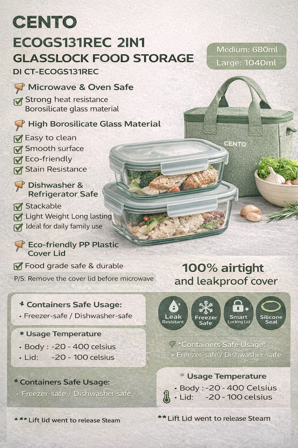 Cento Glasslock food storage set with airtight clip lids