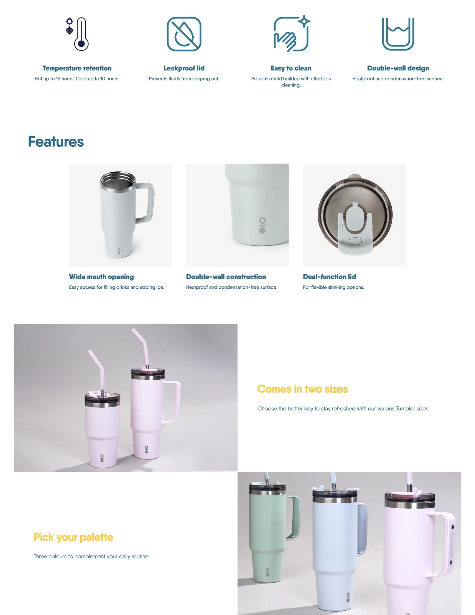 Insulated stainless steel tumbler with handle and straw, featuring a leakproof dual-function lid, wide mouth opening, double-wall design, and available in multiple colours and two sizes.