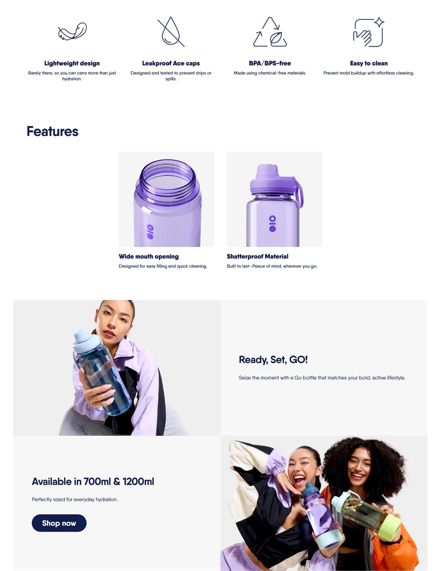 Reusable BPA-free water bottle with wide-mouth opening, leakproof cap, and shatterproof design, shown with lifestyle use and available in 700ml and 1200ml sizes.