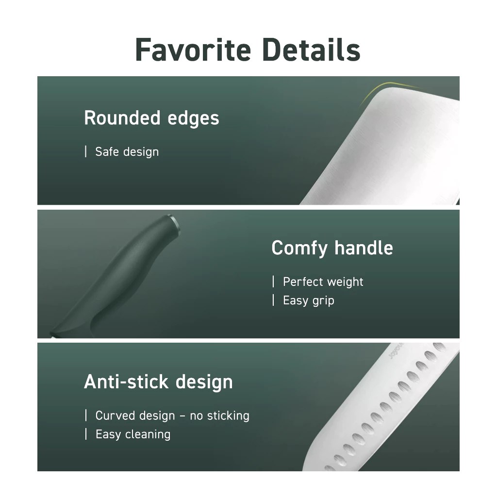 Knife set features showing rounded edges and comfy handle