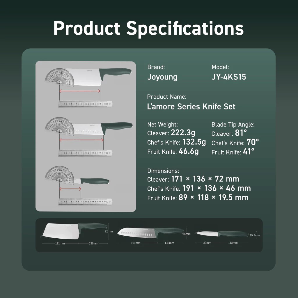Product specifications of Joyoung L’amore knife set sizes