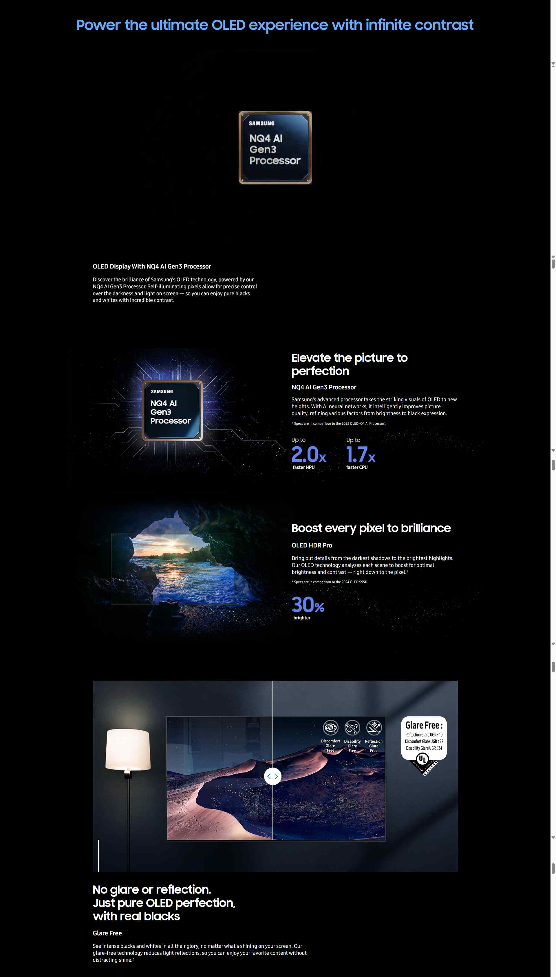 OLED Display With NQ4 AI Gen3 Processor Discover the brilliance of Samsung's OLED technology, powered by our NQ4 AI Gen3 Processor. Self-illuminating pixels allow for precise control over the darkness and light on screen — so you can enjoy pure blacks and whites with incredible contrast. Elevate the picture to perfection NQ4 AI Gen3 Processor Samsung's advanced processor takes the striking visuals of OLED to new heights. With AI neural networks, it intelligently improves picture quality, refining various factors from brightness to black expression. * Specs are in comparison to the 2025 QLED (Q4 AI Processor). A Samsung NQ4 AI Gen3 Processor chip with glowing power lines and pixels. Up to 2.0x faster NPU. Up to 1.7x faster CPU. A TV is superimposed over a bright, vivid seaside scene so it looks like it's on screen. Logo reads 30% brighter. Boost every pixel to brilliance OLED HDR Pro Bring out details from the darkest shadows to the brightest highlights. Our OLED technology analyzes each scene to boost for optimal brightness and contrast — right down to the pixel.1 *Specs are in comparison to the 2024 OLED S95D. 30 % brighter A TV displays a scene of a desert in a starry night. A nearby lamp throws distracting reflections on the screen. With glare-free technology, the screen becomes clear. No discomfort, disability, reflection icons. UL Verified Logo. Glare Free: Reflection Glare UGR < 10, Discomfort Glare < UGR 22, Disability Glare < 34. verifyUL.com®. V166045. A TV displays a scene of a desert in a starry night. A nearby lamp throws distracting reflections on the screen. With glare-free technology, the screen becomes clear. No discomfort, disability, reflection icons. UL Verified Logo. Glare Free: Reflection Glare UGR < 10, Discomfort Glare < UGR 22, Disability Glare < 34. verifyUL.com®. V166045. No glare or reflection. Just pure OLED perfection, with real blacks Glare Free See intense blacks and whites in all their glory, no matter what's shining on your screen. Our glare-free technology reduces light reflections, so you can enjoy your favorite content without distracting shine.2