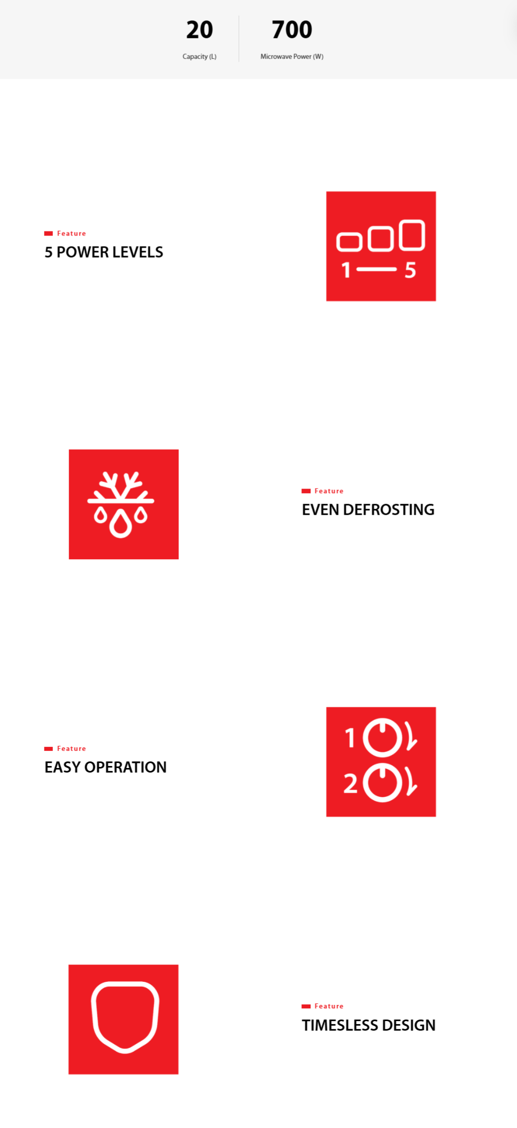 20L microwave oven with 700W cooking power