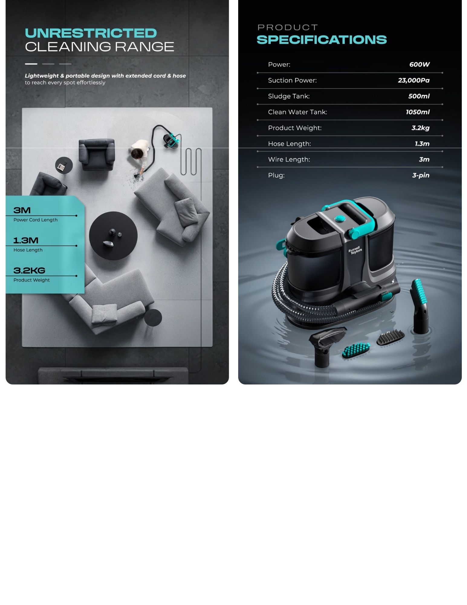 Portable spot cleaner with dual water tanks and tools