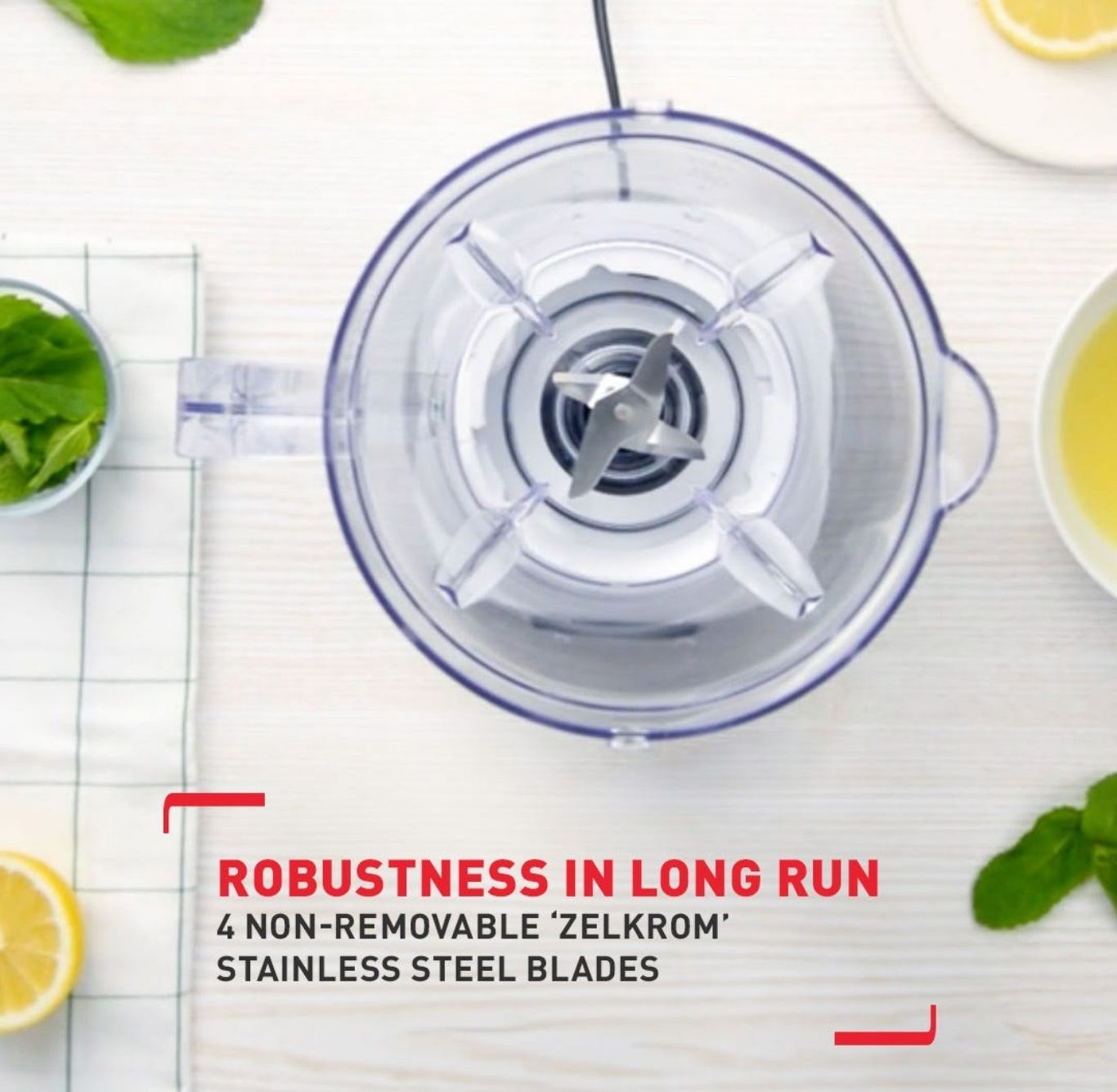 Four stainless steel blades for long lasting performance
