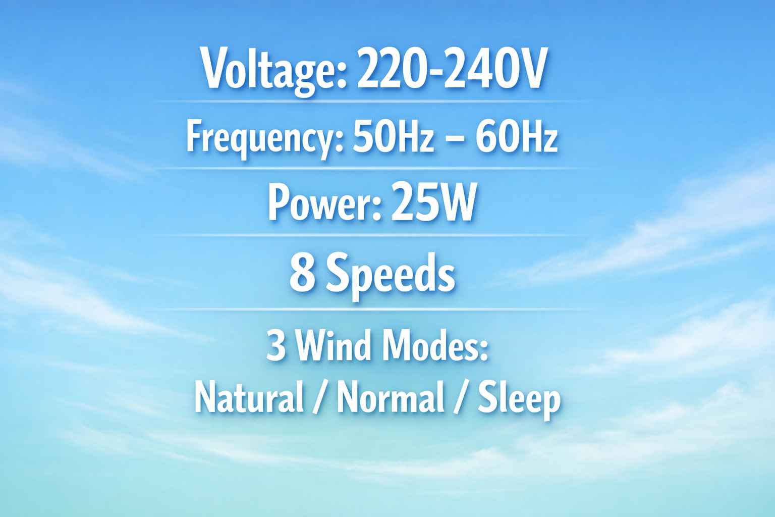 specifications graphic showing 220–240V, 25W, 8 speeds and 3 wind modes