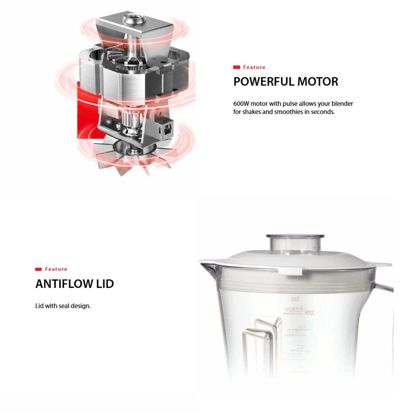 600W powerful motor ensures fast and efficient blending