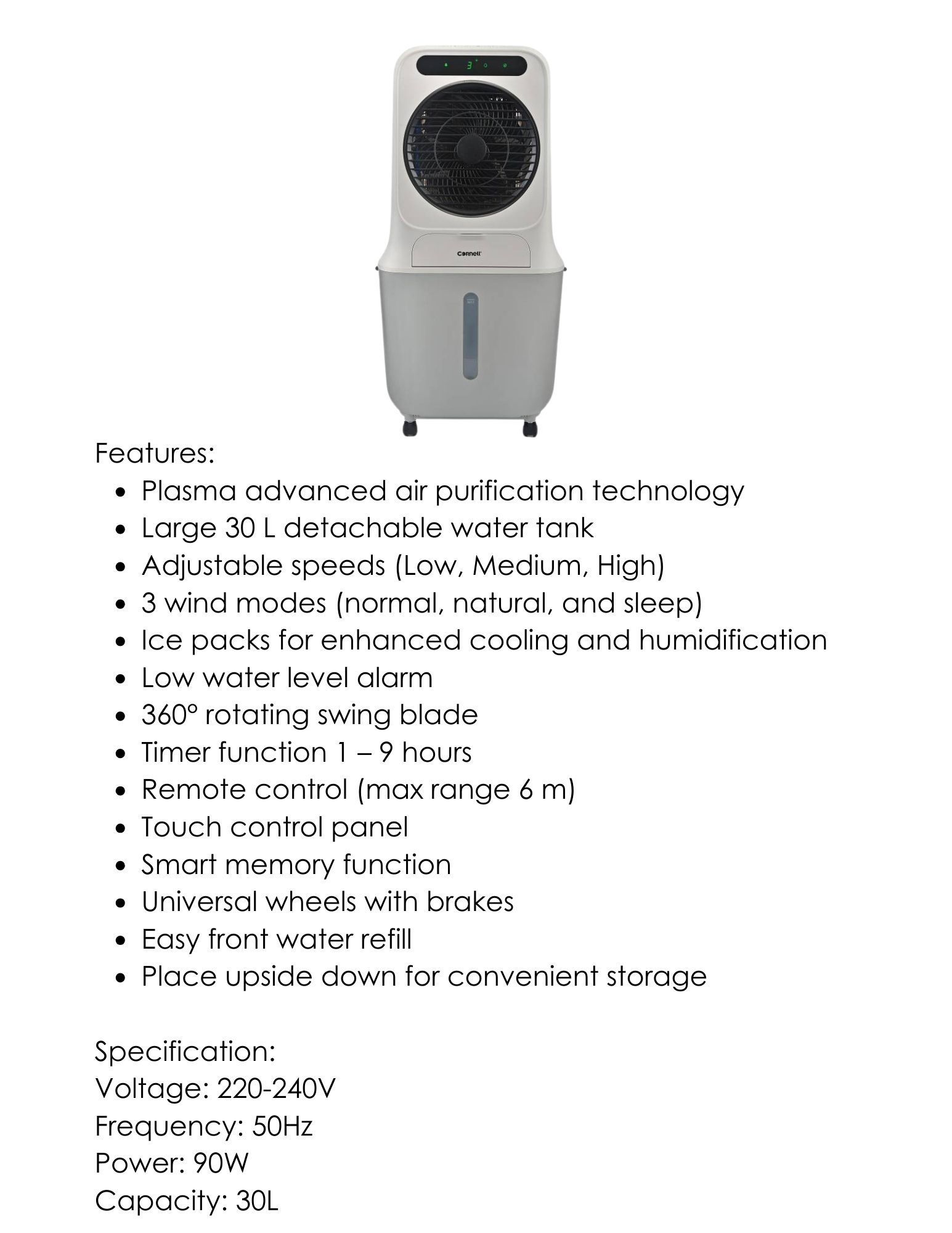 Cornell 30L air cooler features and specifications