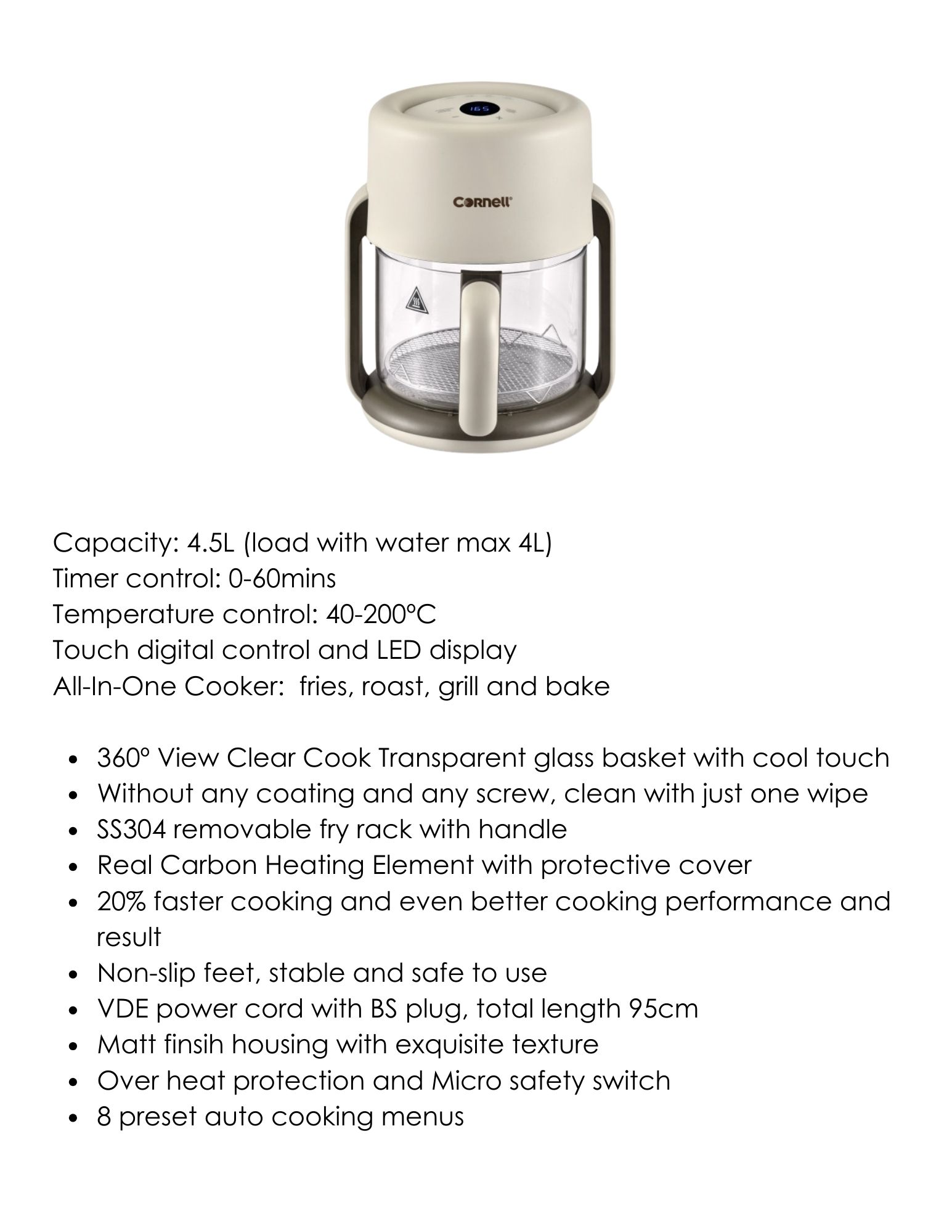 Cornell 4.5L air fryer with glass basket