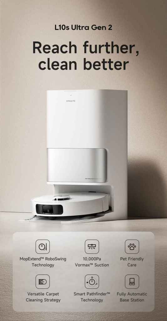 L10s Ultra Gen 2 robotic vacuum with MopExtend and suction.