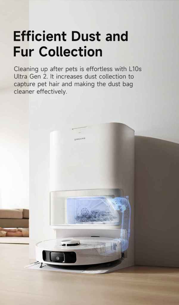 L10s Ultra Gen 2 efficiently collects pet hair and dust.