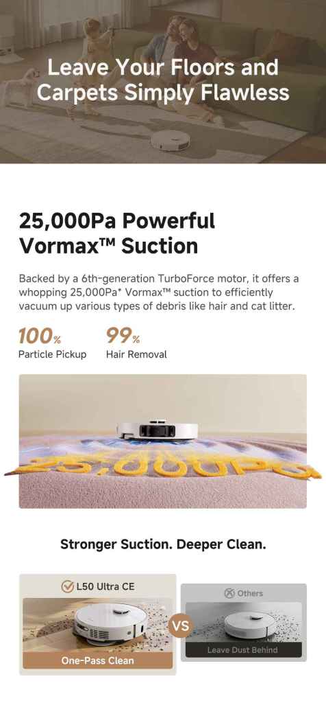 Powerful suction with 25,000Pa for hair & dirt removal