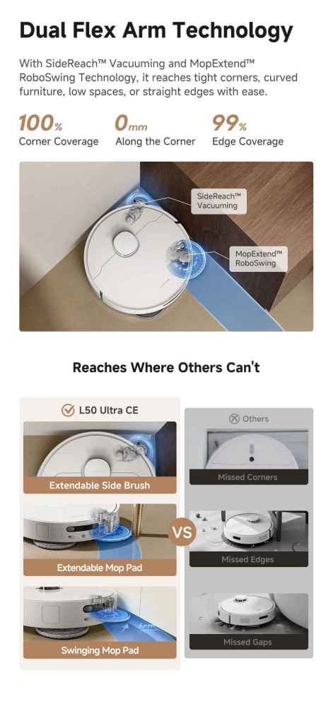 Dual Flex Arm Technology for tight spaces and corners