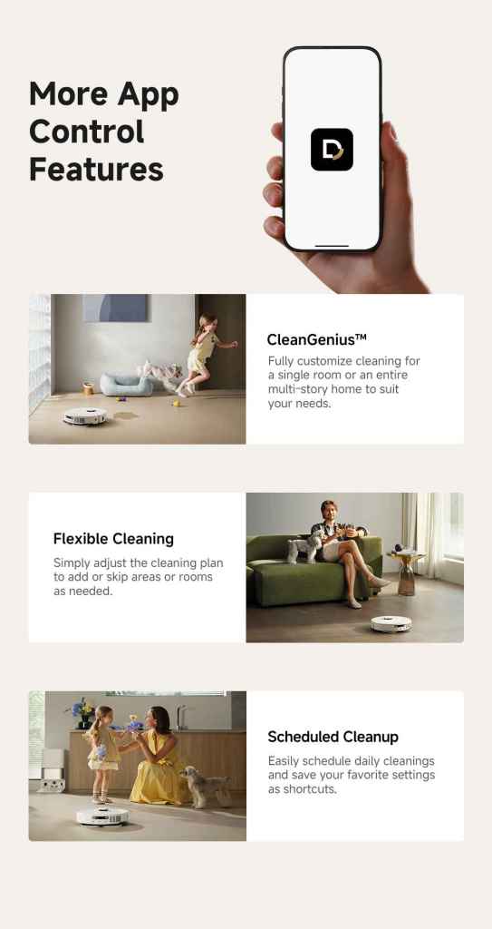 App control features for flexible and scheduled cleaning.