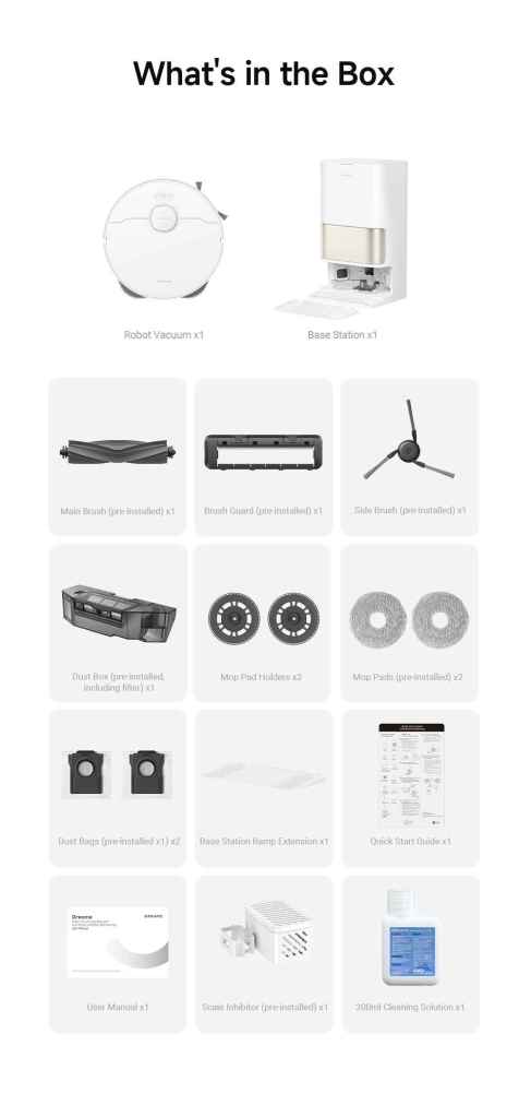 What's in the box: vacuum, station, brushes, and accessories.