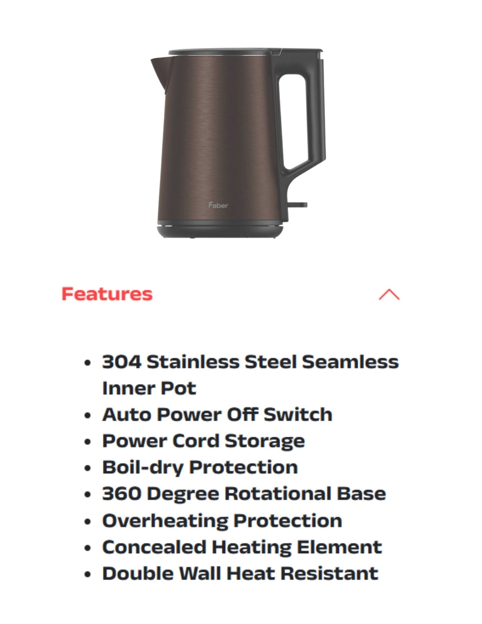 Faber electric kettle with double wall heat resistant design