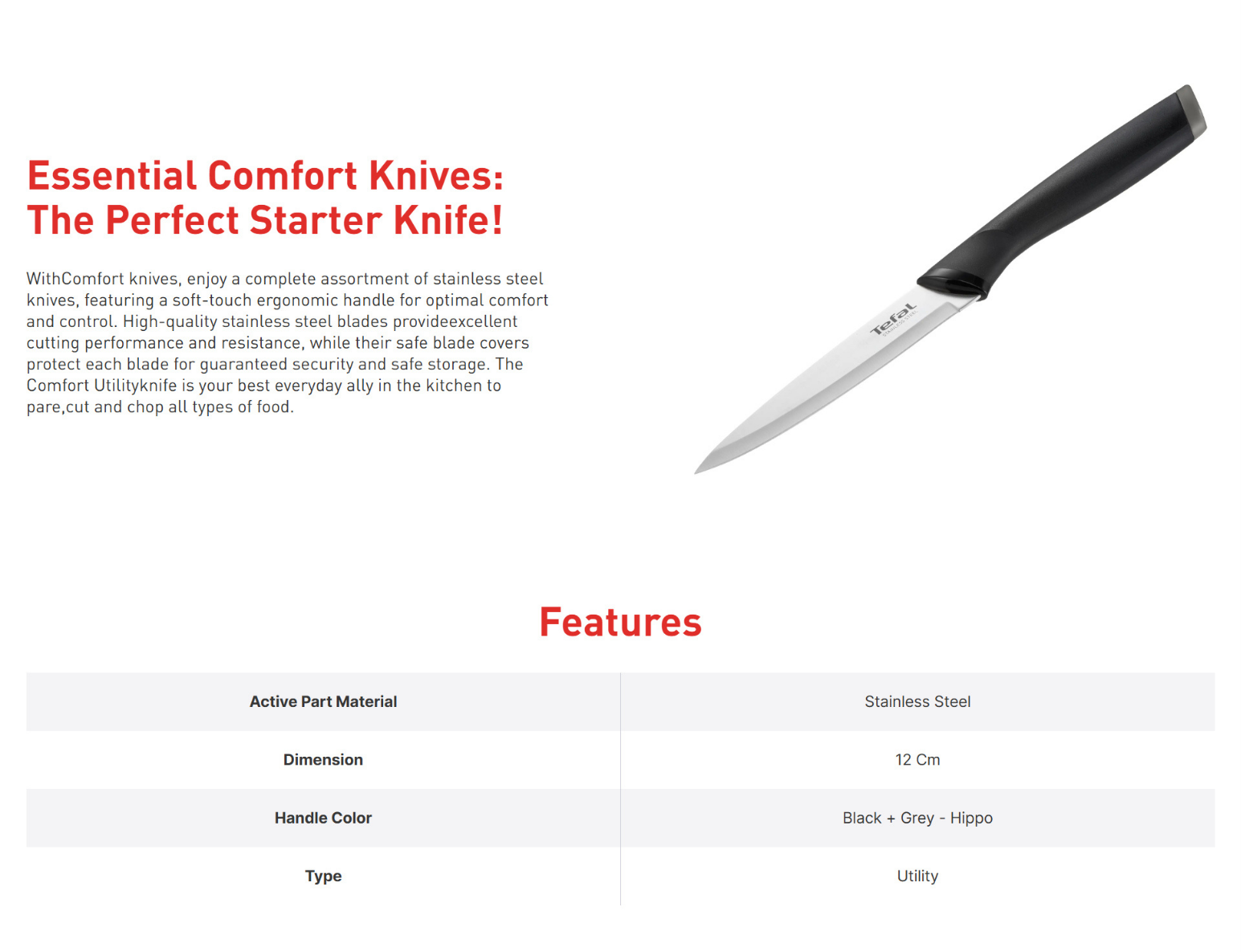 Comfort utility knife with stainless steel blade and handle
