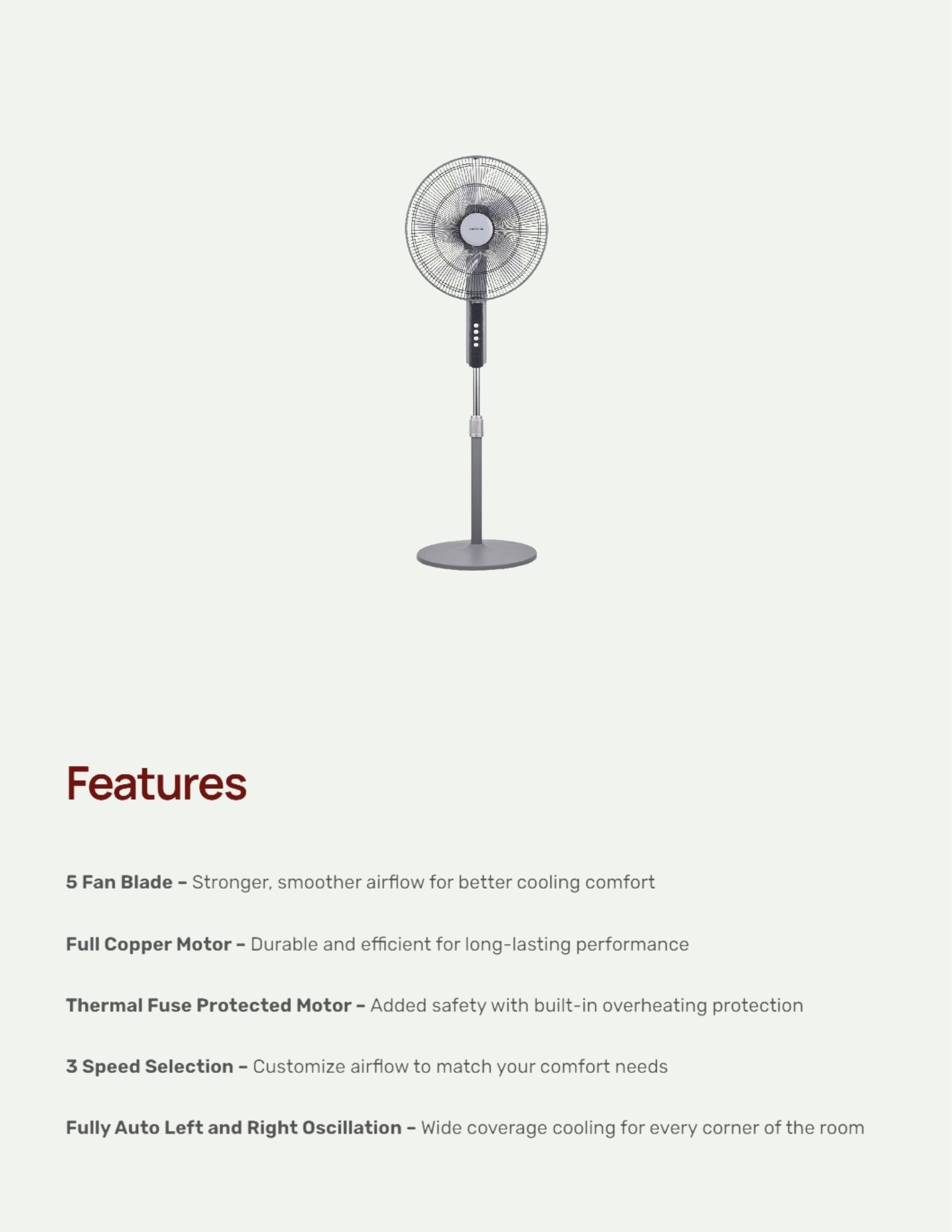 Mistral 16" AC Motor Stand Fan with 5 Blades Features