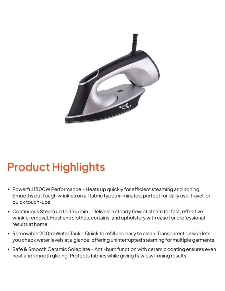 Russell Taylors steam iron with removable water tank