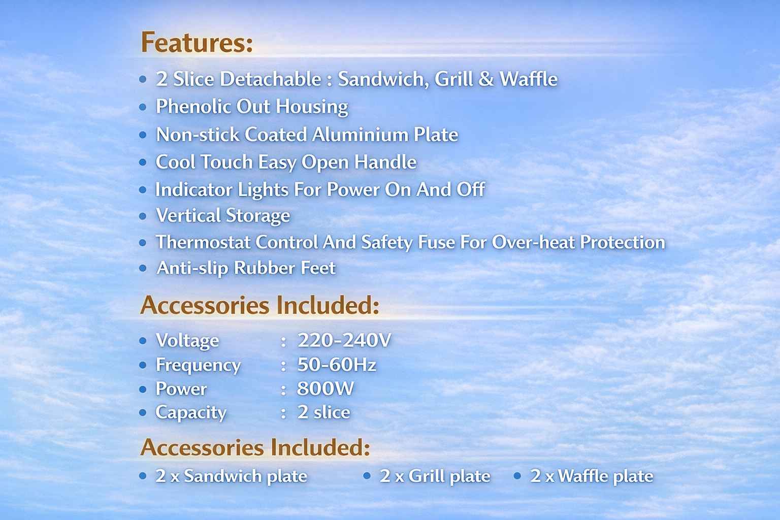 Text graphic showing 2-slice sandwich, grill and waffle maker specs