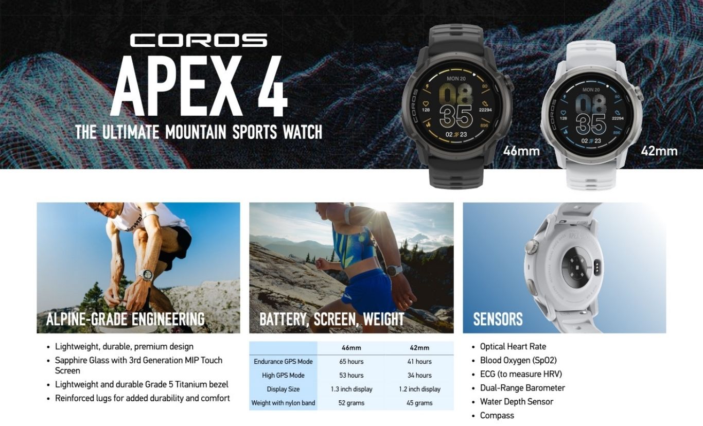 COROS APEX 4 mountain sports GPS watch in 46mm and 42mm