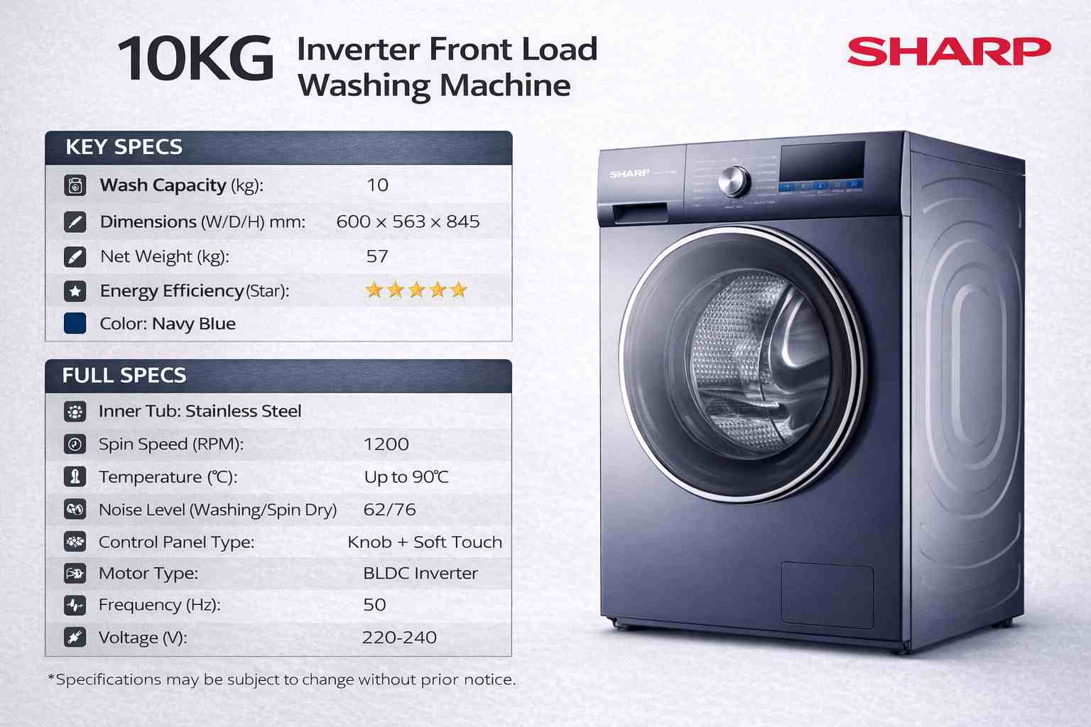 Sharp 10KG Inverter Front Load Washing Machine Descriptions
