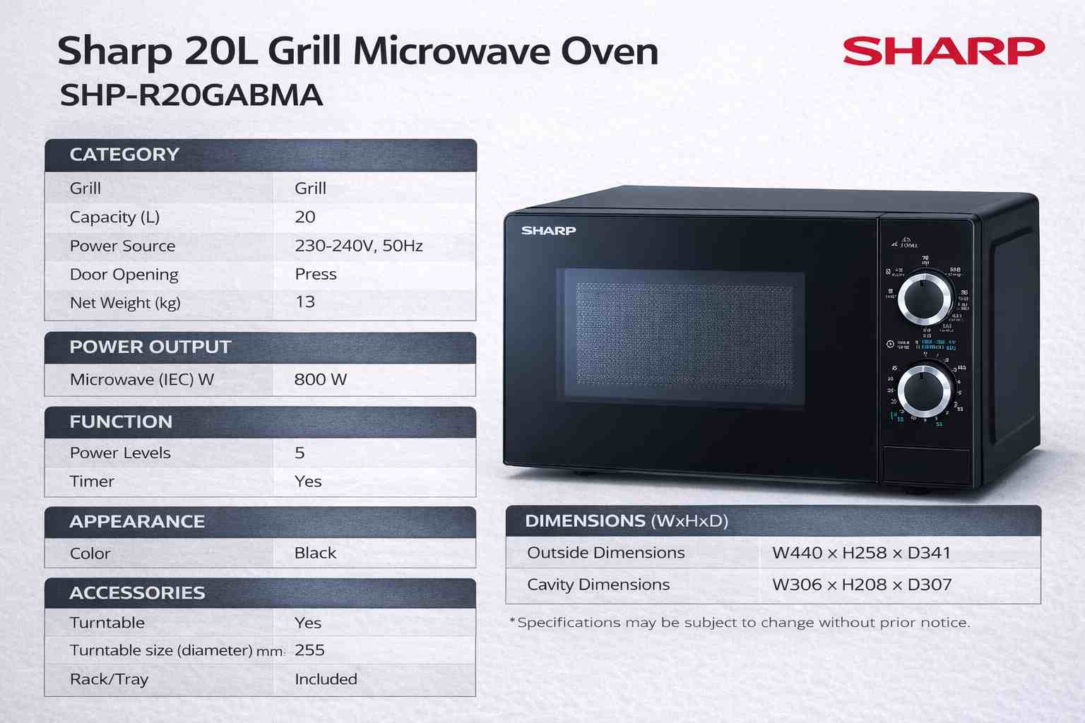 Sharp 20L Microwave Oven SHP-R20GABMA Descriptions